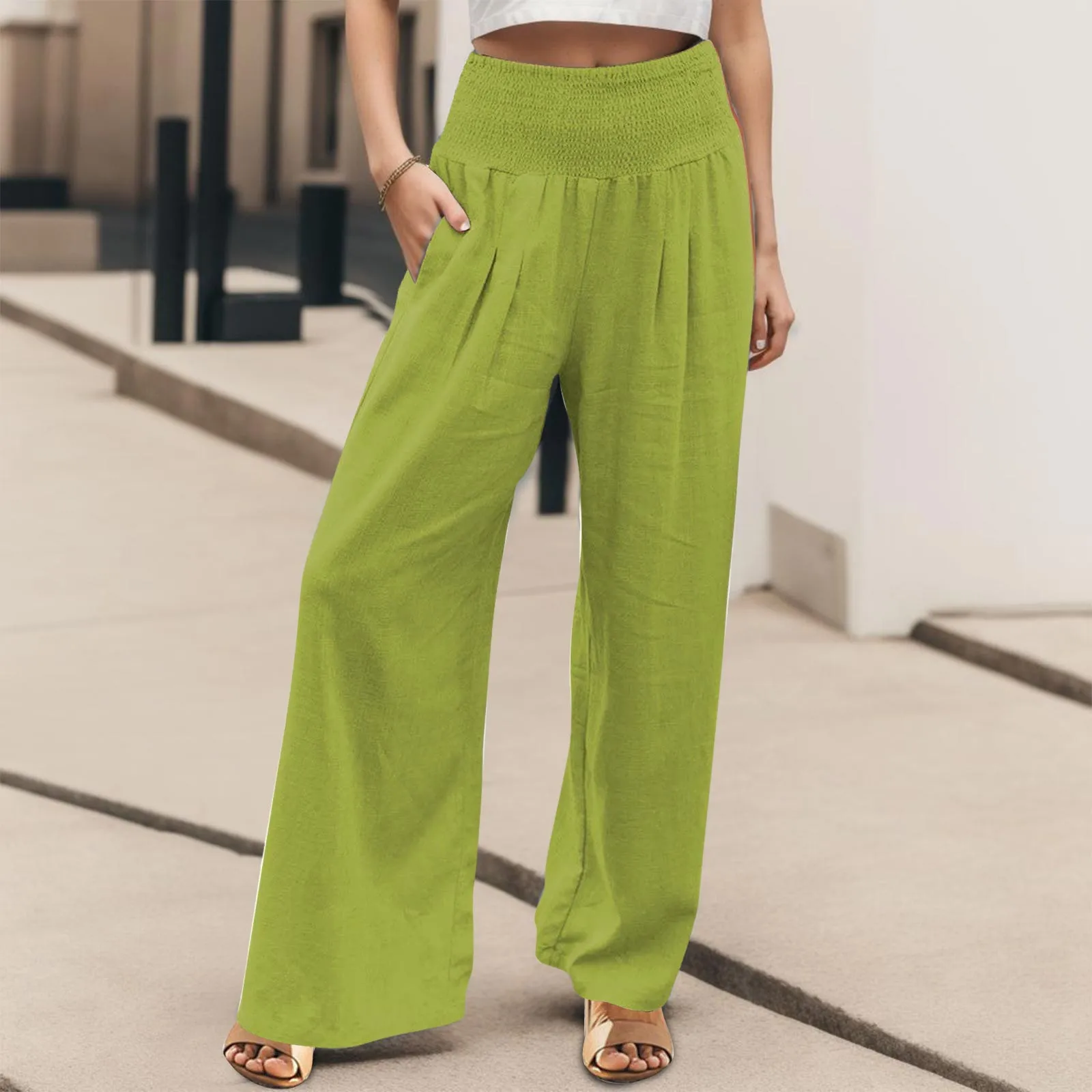 

High Waist Wide Leg Palazzo Pants For Women Smocked Elastic Waist Loose Comfy Casual Pajama Pants Pockets Women's Casual Pants