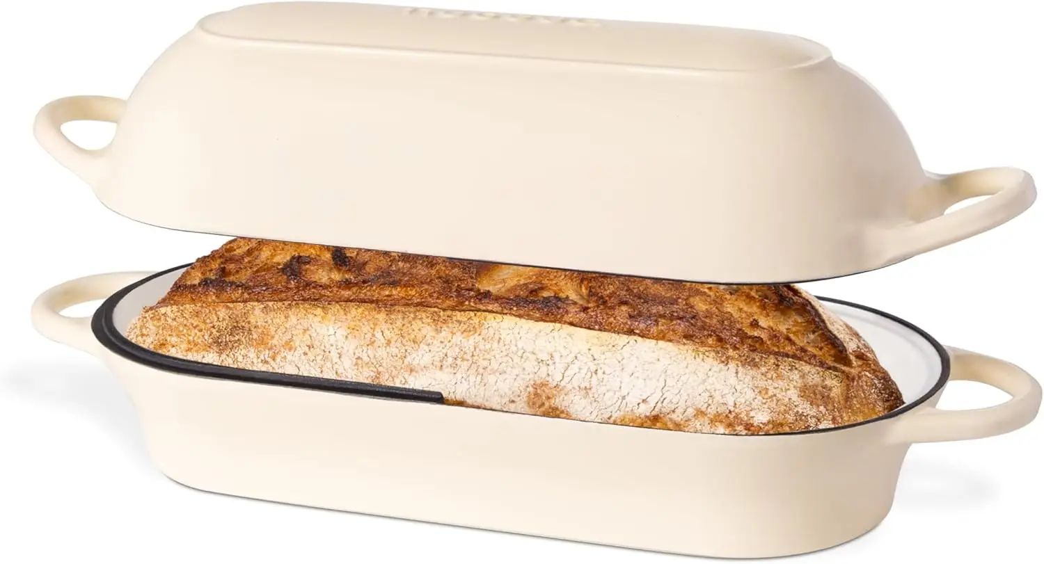 

Enamelled Cast Iron Bread Loaf Pot – Dutch Oven for Sourdough – Non Stick, Rectangular, Cream, 34cm x 16cm