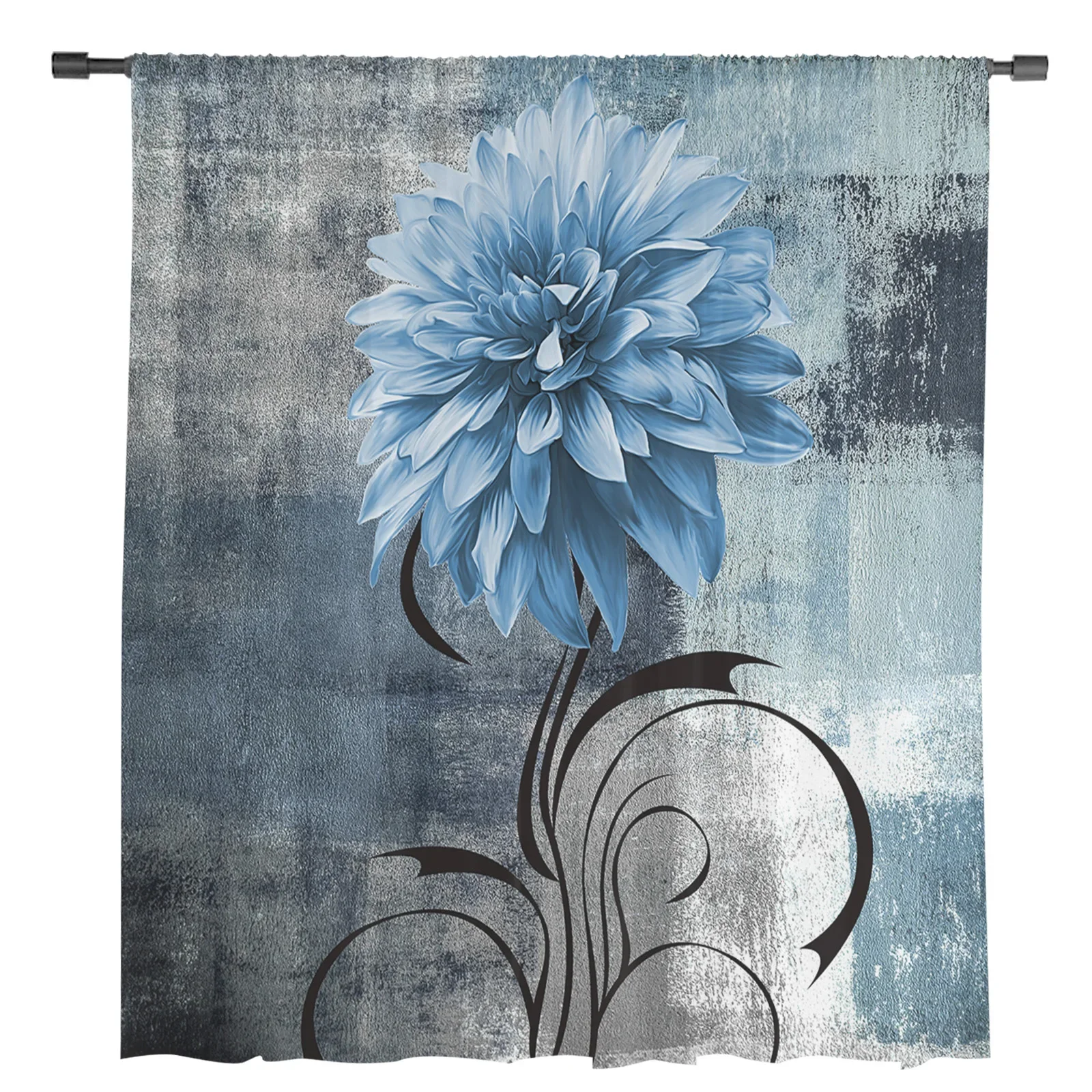 Dahlia Oil Painting Abstract Texture Plant Flower Blue Sheer Curtains Living Room Kitchen Decoration Tulle Voile Window Curtain