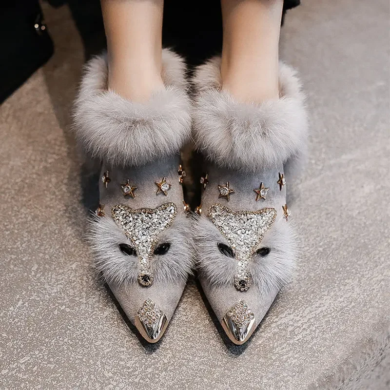 Women Ankle Boots Crystal Fox Head Women Boots Winter Fashion Metal Pointed Toe Fluffy Plush High Heel Ladies Wedding Party Shoe