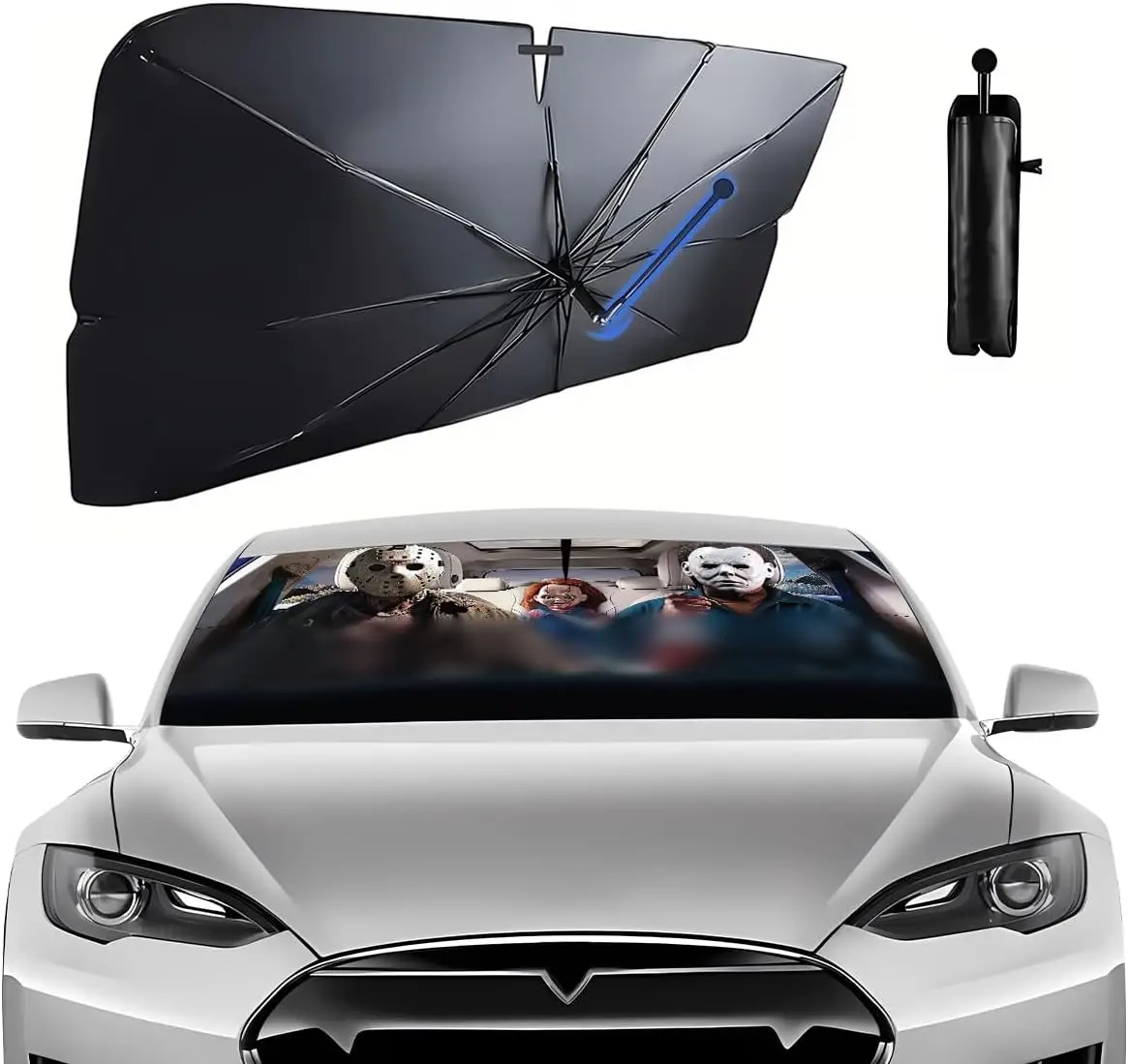 

Складной зонт для лобового стекла электромобиля, солнцезащитный козырек 59x37 дюймов с возможностью 360° ° Гибкая ручка, автоподарок, рождественский декор автомобиля