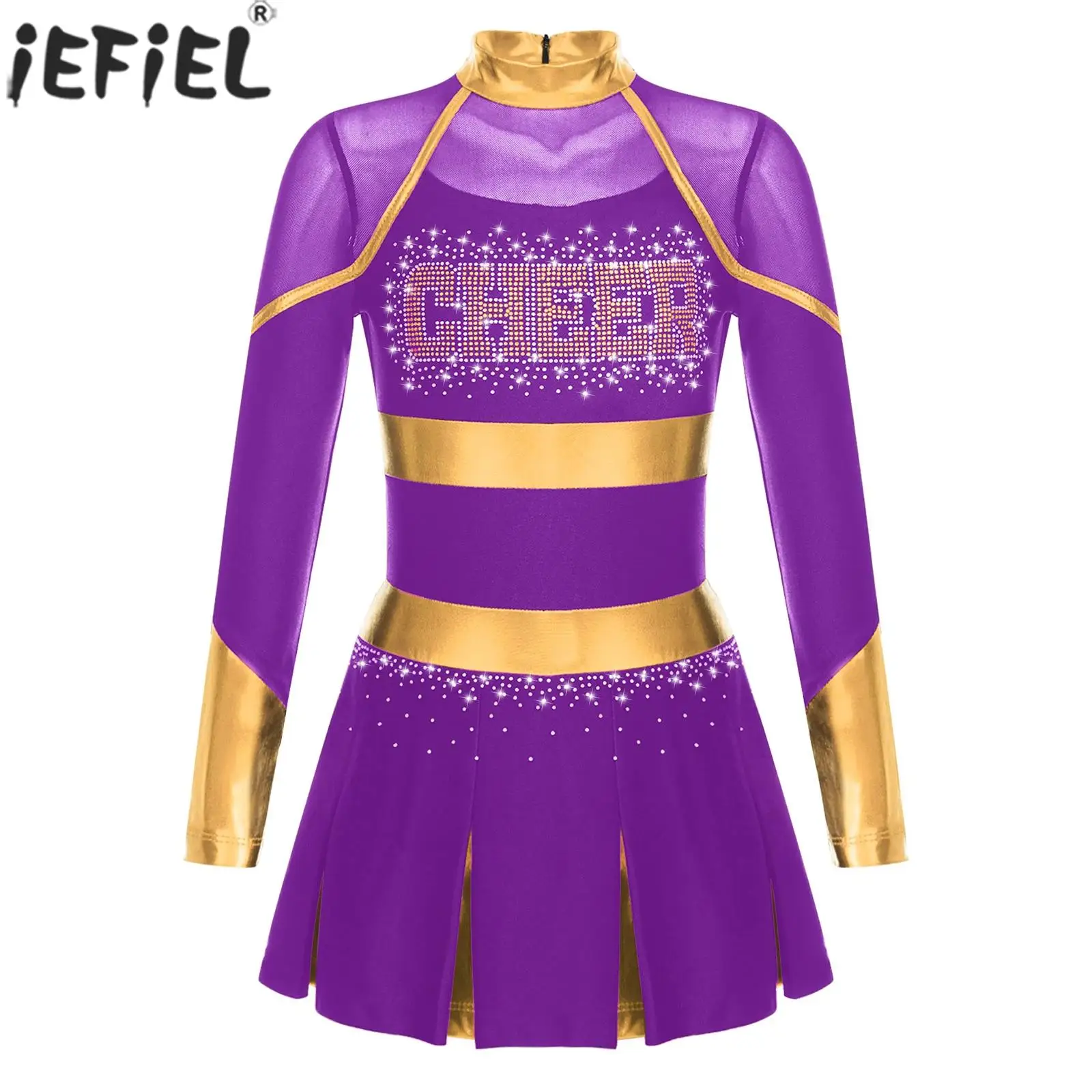 

Kids Girls Cheerleading Costume Long Sleeve Shiny Rhinestone Mesh Leotard Dress Sports Meet Cheer Dance Performance Dancewear