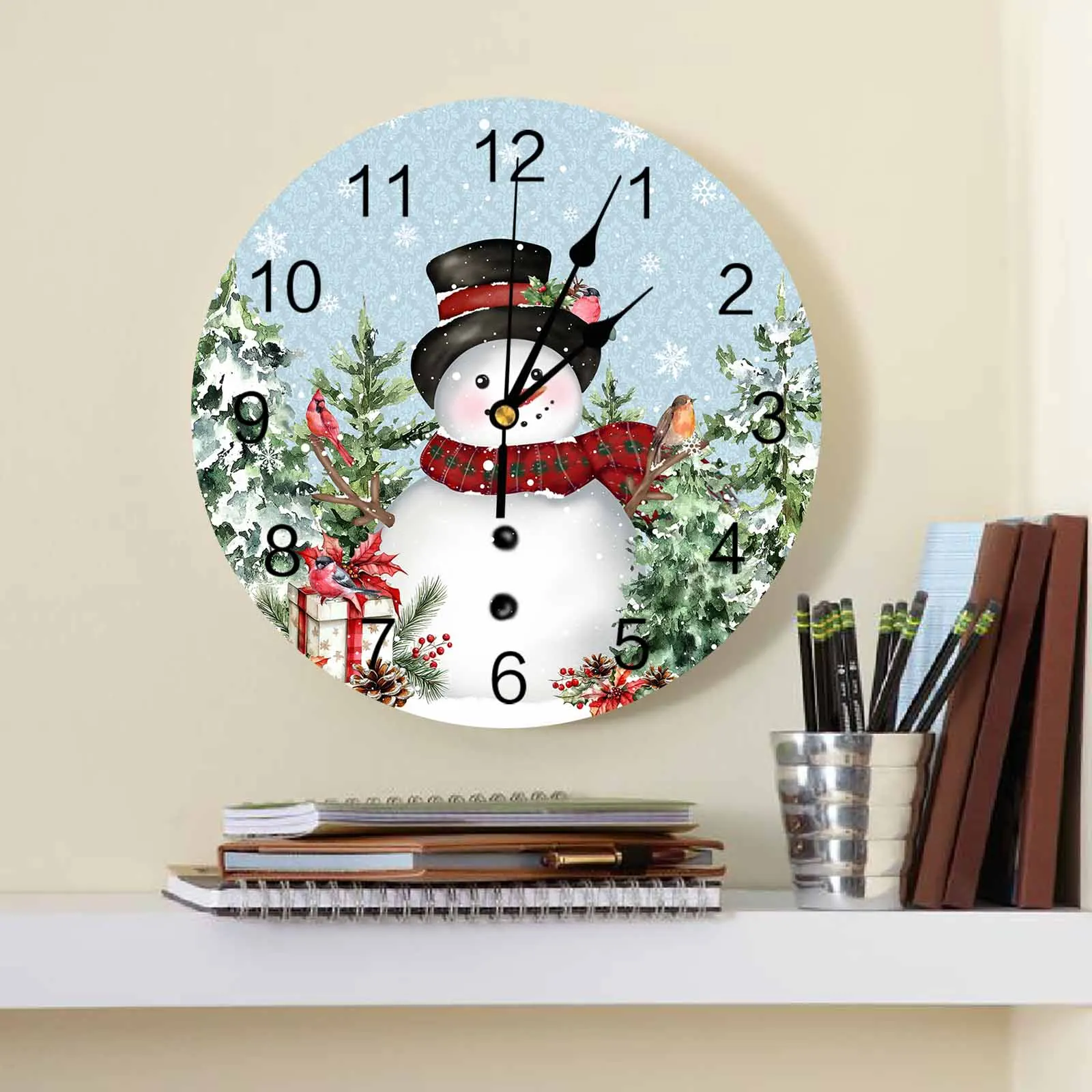 Christmas Snowman Tree Gift Snowflake Mockingbird Wall Clock Large Modern Kitchen Dinning Round Wall Clocks Watches Living Room