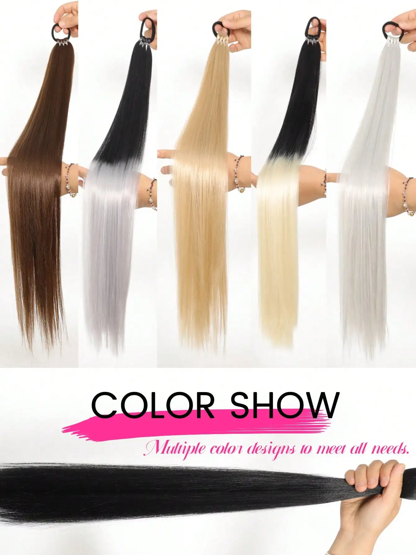 OLACARE 합성 28인치 긴 포니테일 익스텐션(탄성 밴드 포함) 여성용 다용도 DIY 땋은 포니테일 여성용 블랙