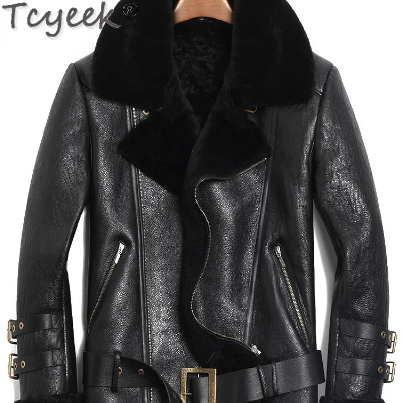 

Tcyeek Sheepskin Real Leather Motocycle Jacket Men Clothing Winter Natural Fur Coat Male Thickened Warm Lamb Wool Jackets Belt