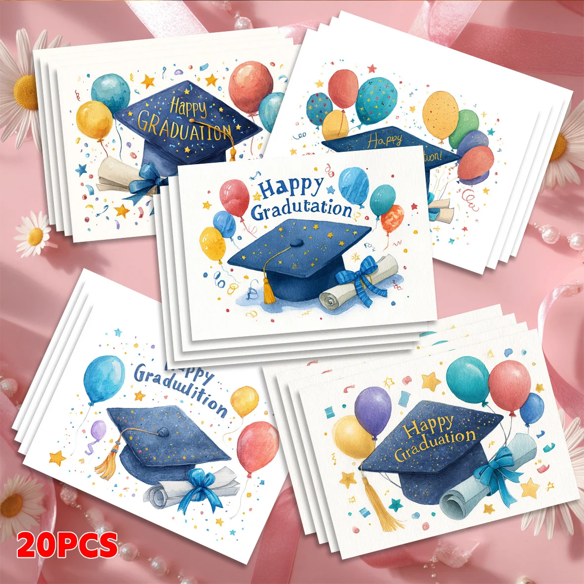 20PCS Graduation Themed Greeting Cards, Degree Caps, Colorful Balloons, Blank Design on The Back That Can Be Written - view 5