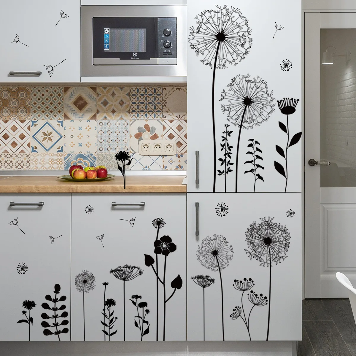 2pcs Black Dandelion Cartoon Plant Wall Sticker Background Wall Living Room Bedroom Study Dining Room Decoration Wall Sticker