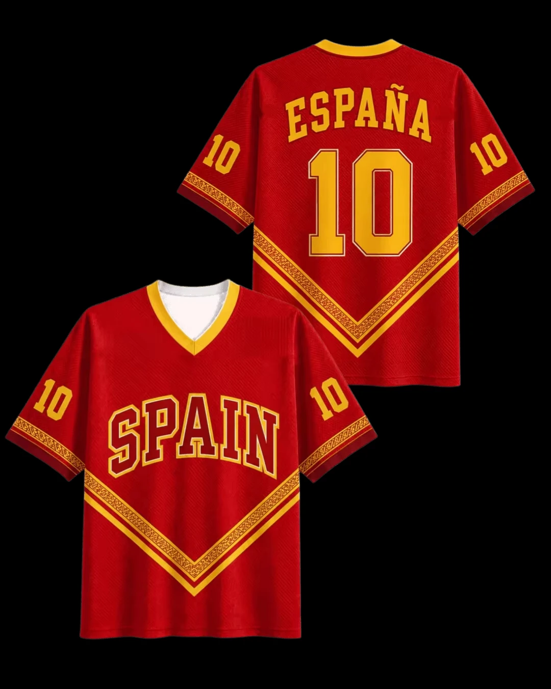 2026 España Tallas Grandes Holgadas # 10 # Camiseta de Manga Corta con Cuello en V para Hombre y Mujer, Deportiva, Informal, de Secado Rápido y Estampada