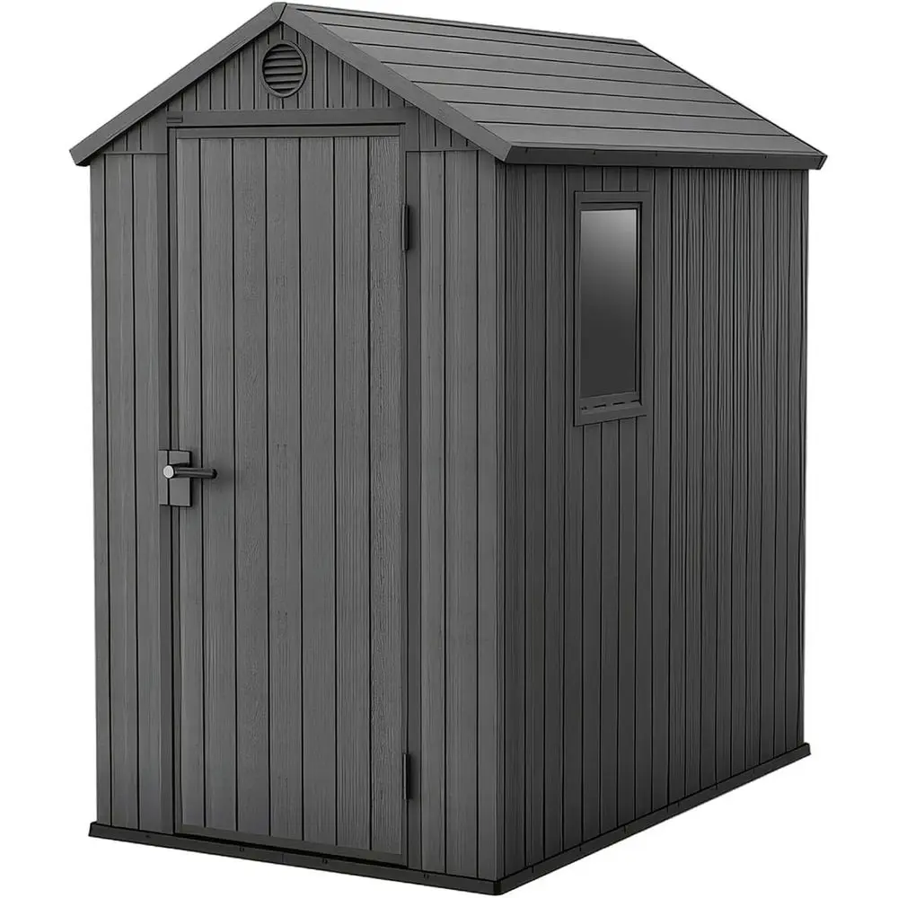 4x6 Outdoor Storage Shed - Lockable Resin Organizer with Single Door, Window, and Skylight for Backyard, Garden, or Lawn