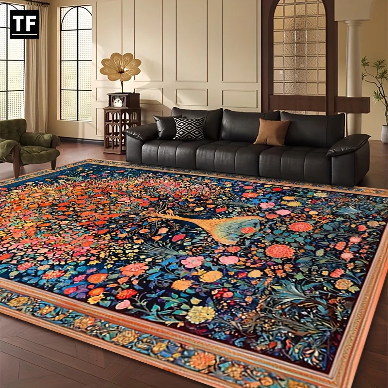 Luxurious Velvet Area MatSoft Polyester Non-Slip & Machine Washable, Bohemian Persian Design with Vibrant Floral