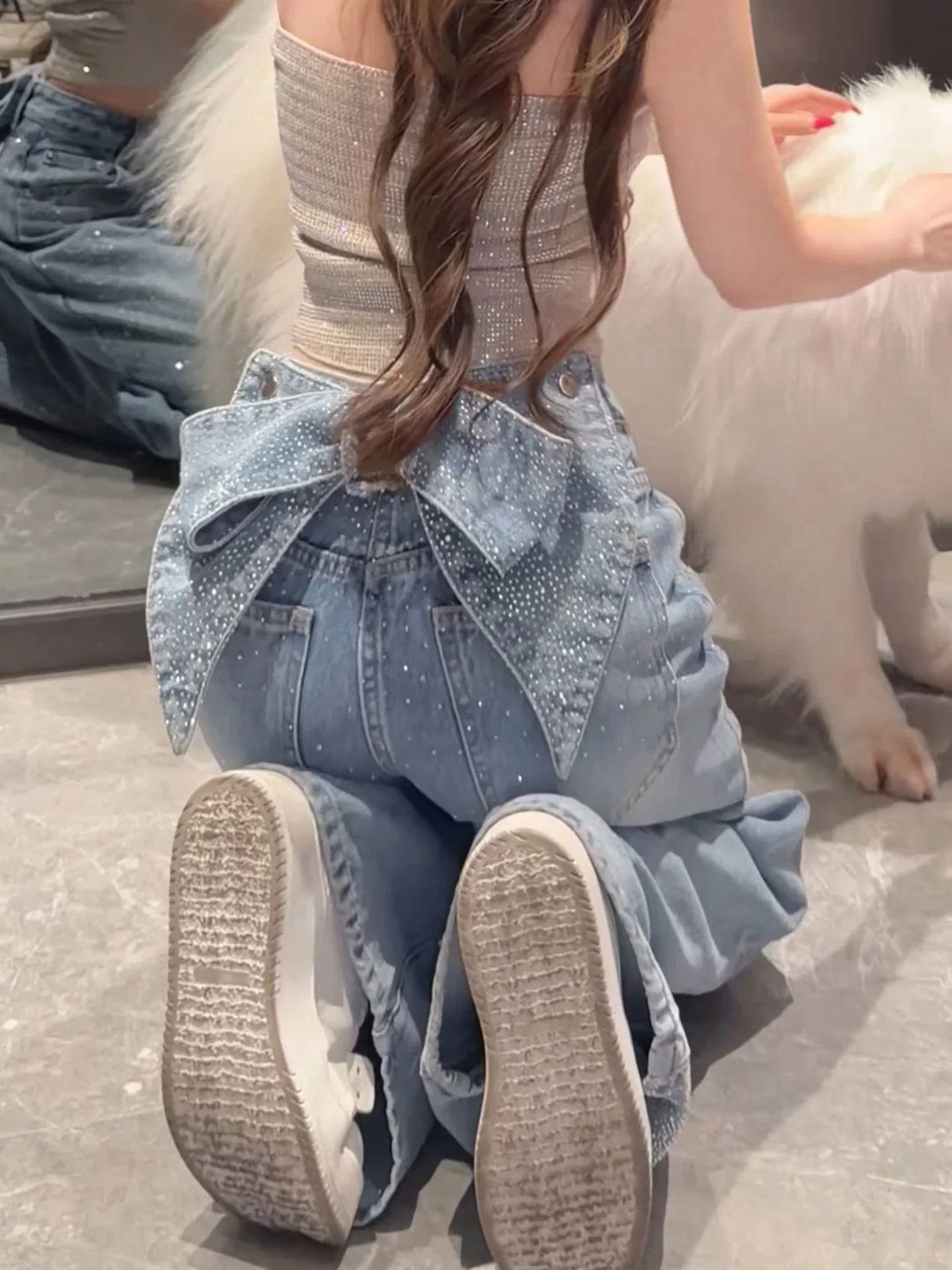 

American Style High Waist Wide Leg Denim Jeans Women's Loose Fit Knot Drill Embellished Straight Long Pants