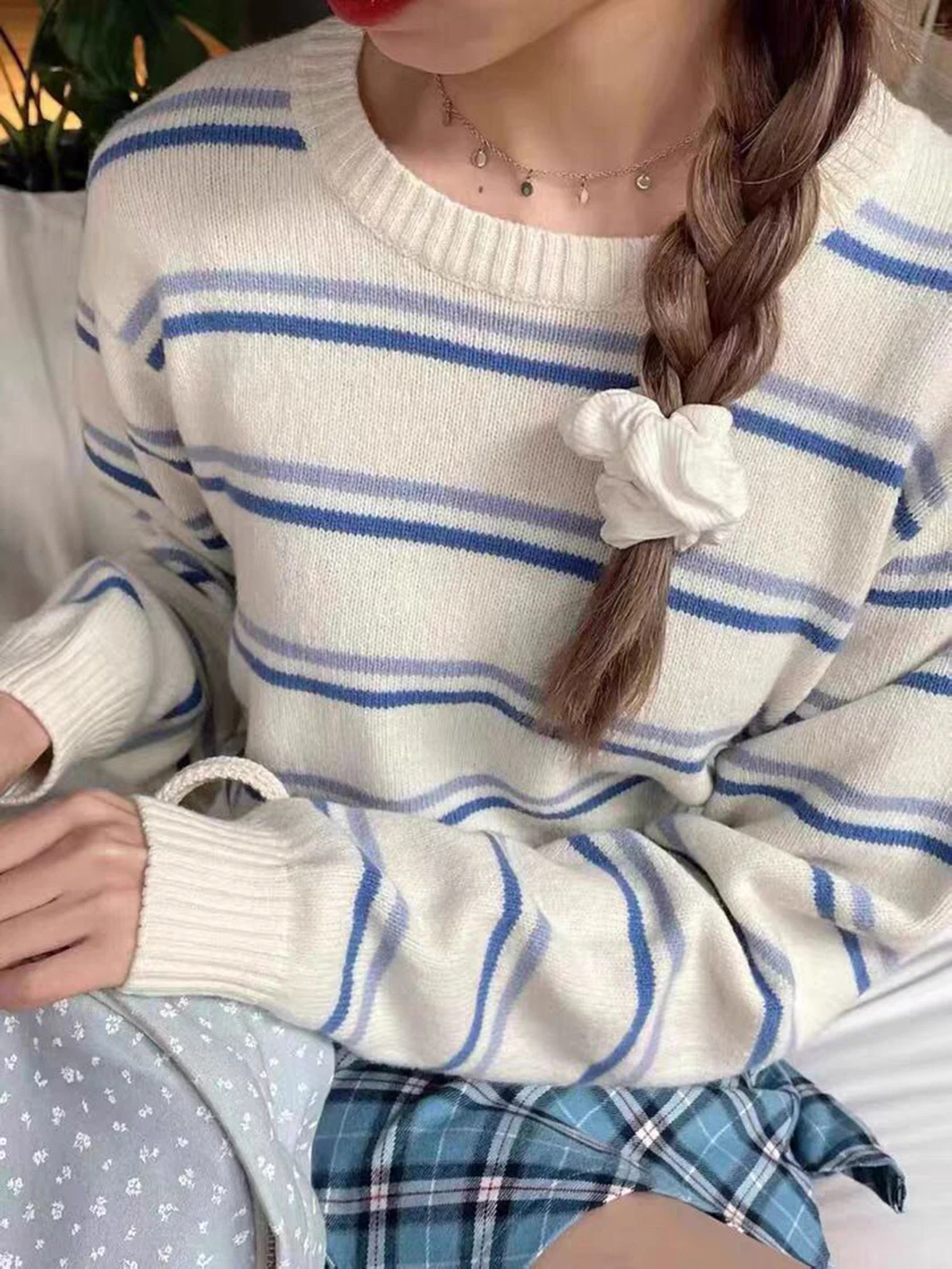 

Blue Stripes Sweet Knitted Sweater Autumn Round Neck Cute Long Sleeve Casual Pullover Top For Woman Harajuku Preppy Style Jumper