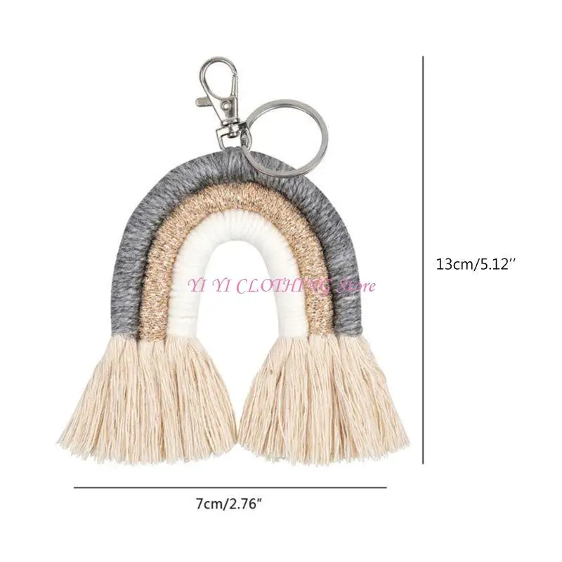 N5KF 트렌디 한 수제 키 홀더 키 링 술 지대 직조 무지개 펜던트 키 체인 보석 지갑 핸드폰 백 팩