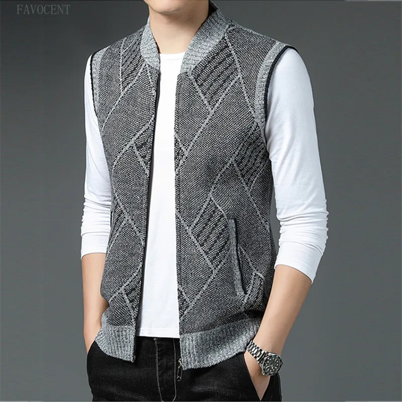 New Autumn Winter Sweater Vest Men Thick Sleeveless Cardigan Mens Knitted Waistcoat Fashion Stand Collar Knit Cardigan Vests Men