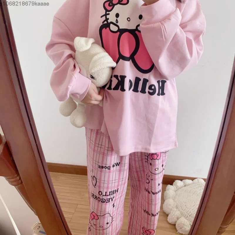 Sanrio Hello Kitty Women Autumn Winter Cotton Long Sleeve Pajamas Sweet Cute Round Neck Loose Casual Nightgown Home Sleepcoat