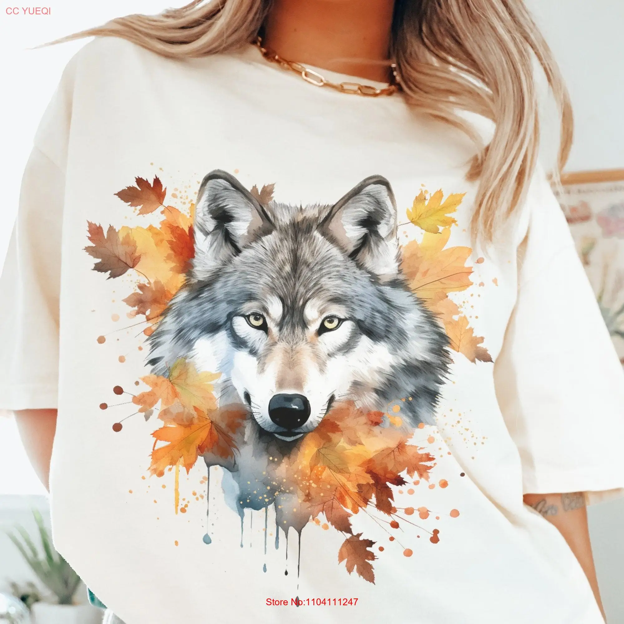 Fall Gray Wolf T Shirt and Leaves Watercolor Autumn Lover Nature long or short sleeves