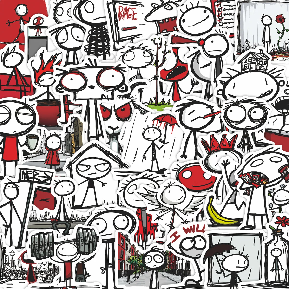 

50Pcs Red Line Small Person Sticker Cute Healing Sticker DIY Account Computer Notebook Guitar Sticker