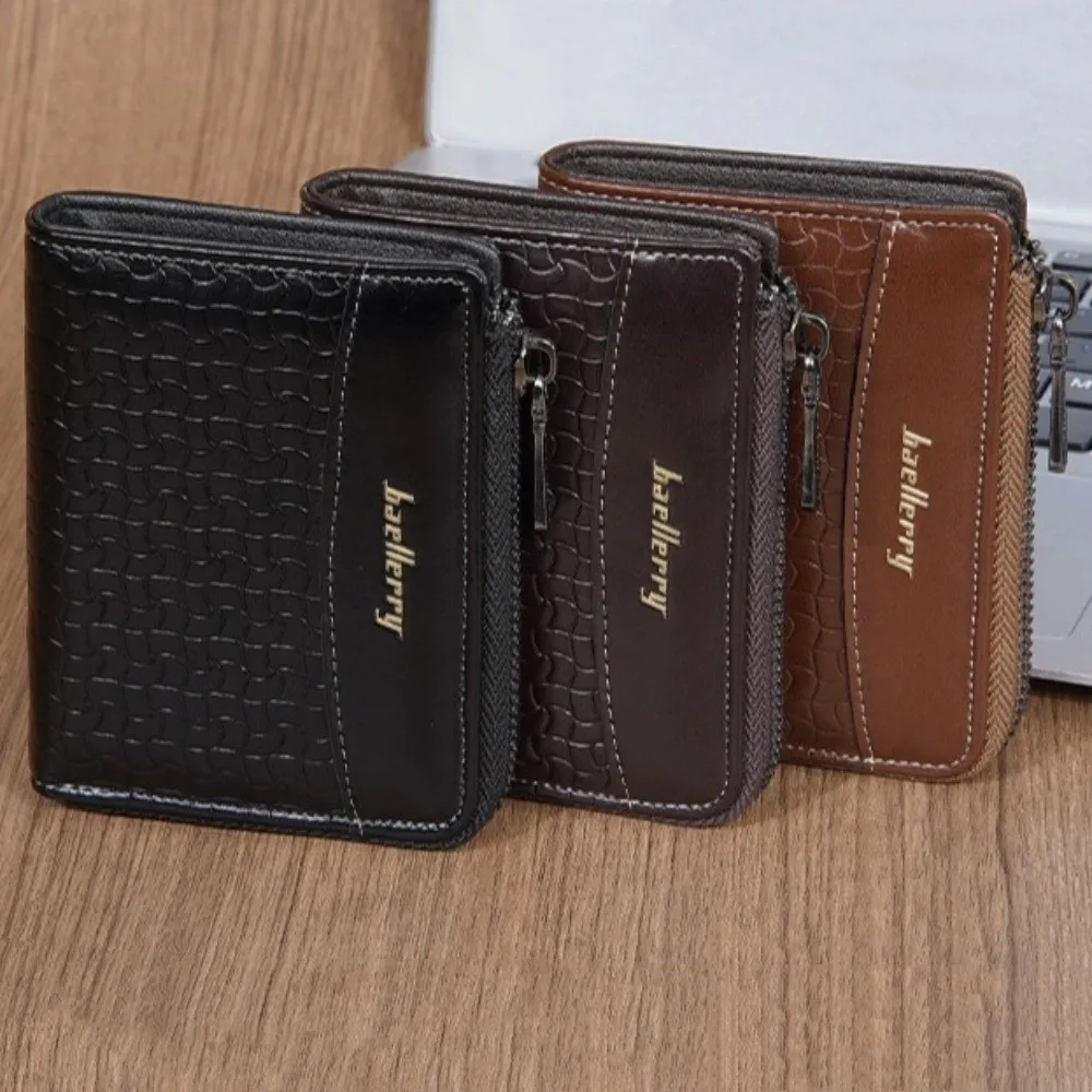 Carteira curta masculina de couro com zíper, bolsa para cartão com letras em inglês, bolsa de couro masculina, capa para cartão de crédito, estilo recreativo urbano