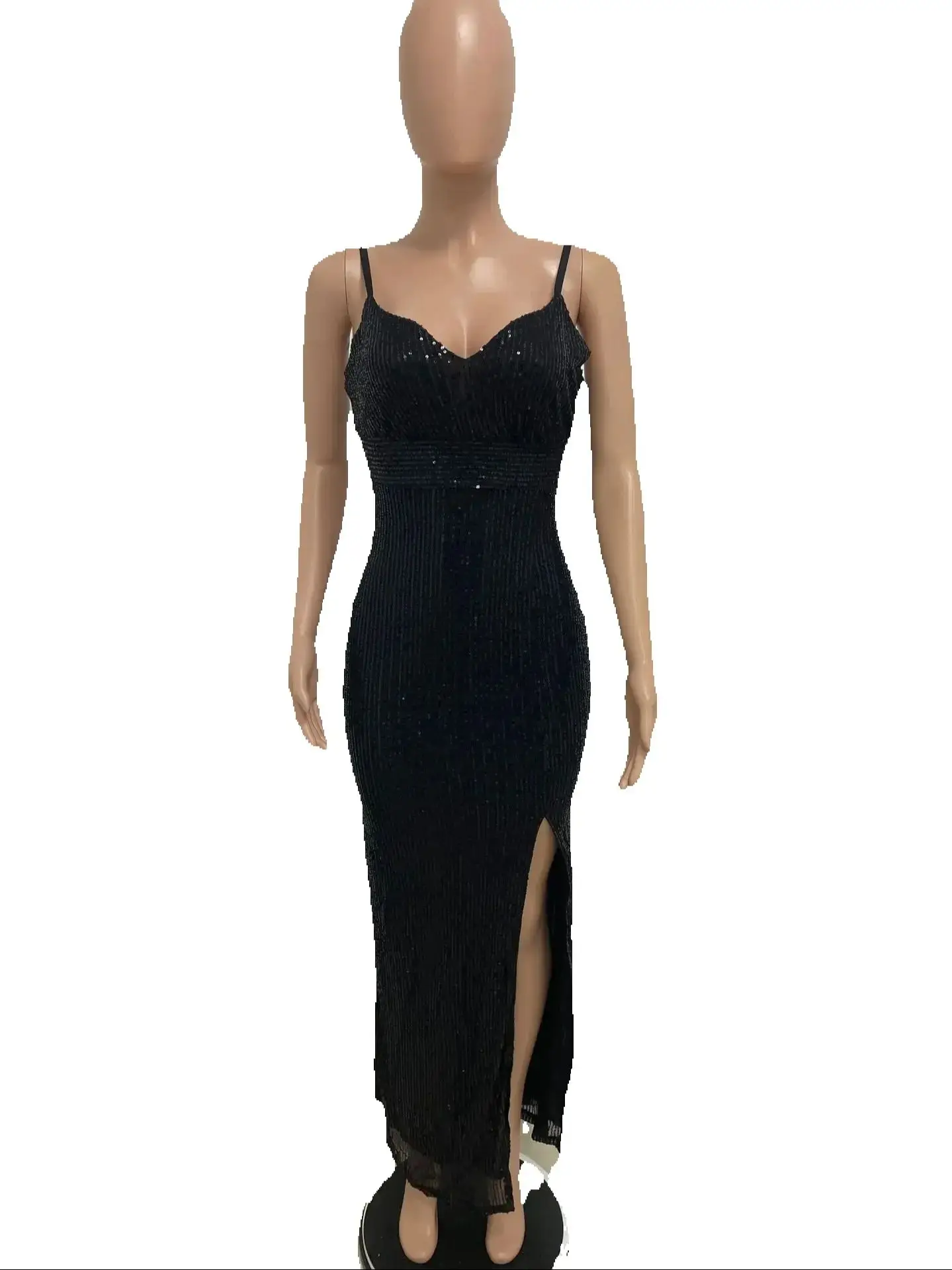 

Deep V-neck Spaghetti Straps High Split Sequined Formal Evening Party Dress