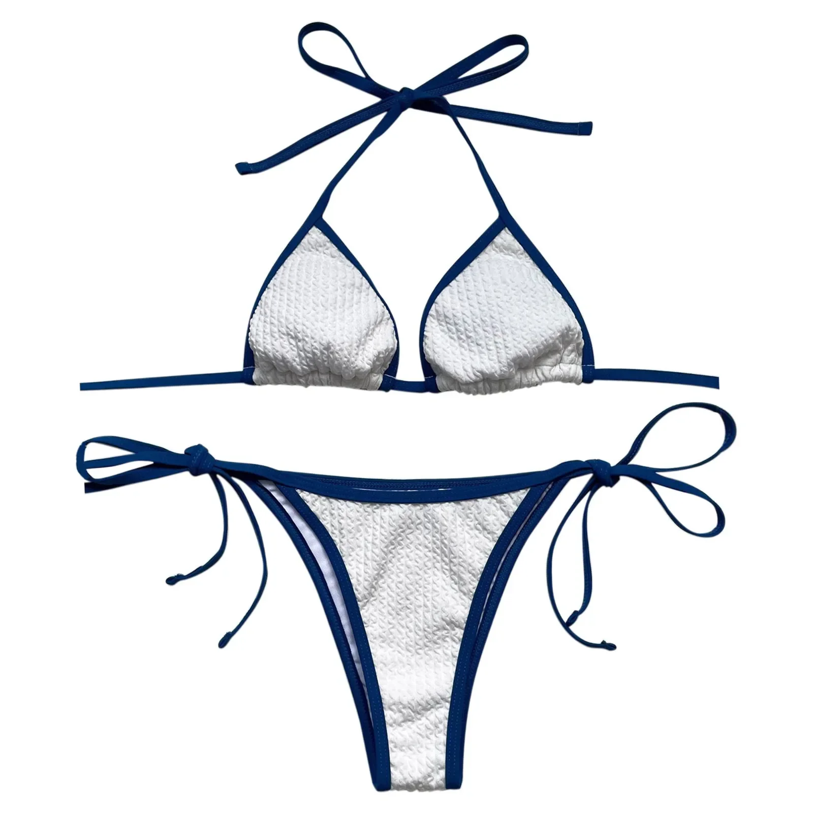 Traje de baño sexy Push Up con estampado 3D, borde de Color sólido, cordón con cordones, halter, traje de baño separado, Tanga, Bikini elegante para playa