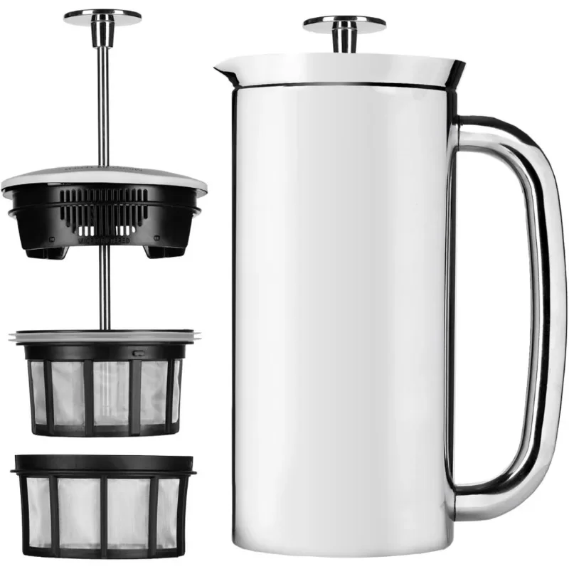 Fast shipping.with Micro-Filter, 32 Ounces, Polished Stainless Steel P7 French Press Coffee Maker - Double-Walled Stainless Stee
