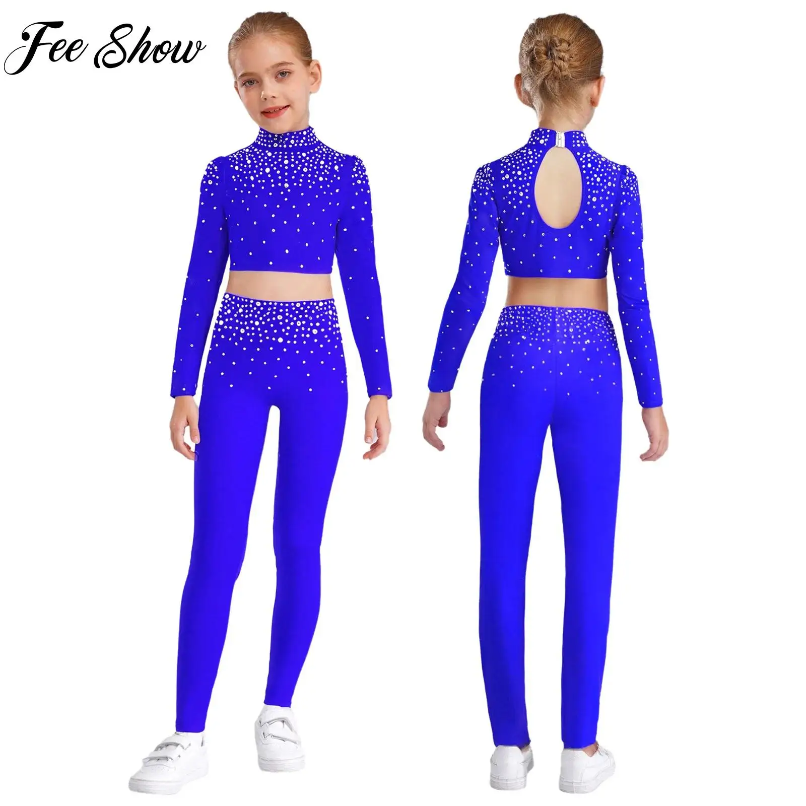 

Kid Girl Modern Dance Outfit Rhinestones Crop Top+Pants for Figure Skating Jazz Dance Gymnastics Performance Ballerina Dancewear