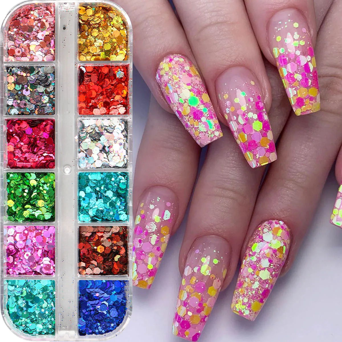 12 Grids Hexagon Nail Glitter Sequins Laser Dreamy Iridescent Glitter Sequin Sparkly Flakes Slices Y2K Mermaid Decoration