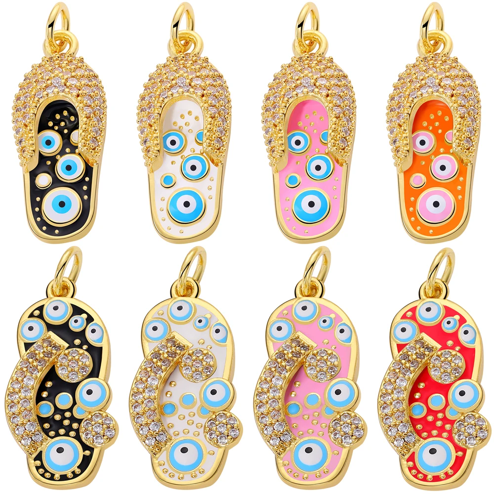 Juya Handmade 18K Real Gold Plated Colorful Enamel Slipper Fatima Turkish Greek Evil Eye Charms For DIY Christmas Jewelry Making