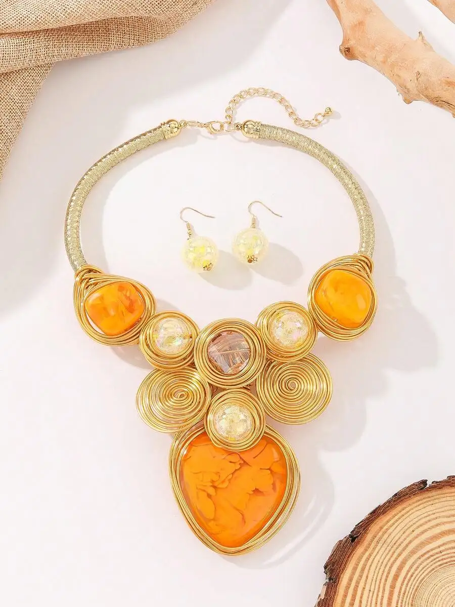 

Exaggerated Resin Pendant Handmade Aluminum Wire Braided Necklace And Earrings Bohemian Vintage Fashion