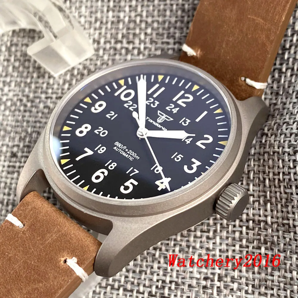 New Tandorio Pilot 39mm Titanium Watch NH35 PT5000 200M Waterproof Luminous Diving Automatic Mens Watch Sapphire Glass Brushed