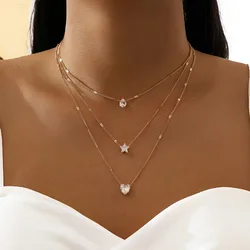 Gold Color Simple Multilayered Pendant Necklace For Girls Women Star Heart Shaped Pendant Necklace Jewelry For Birthday Gift