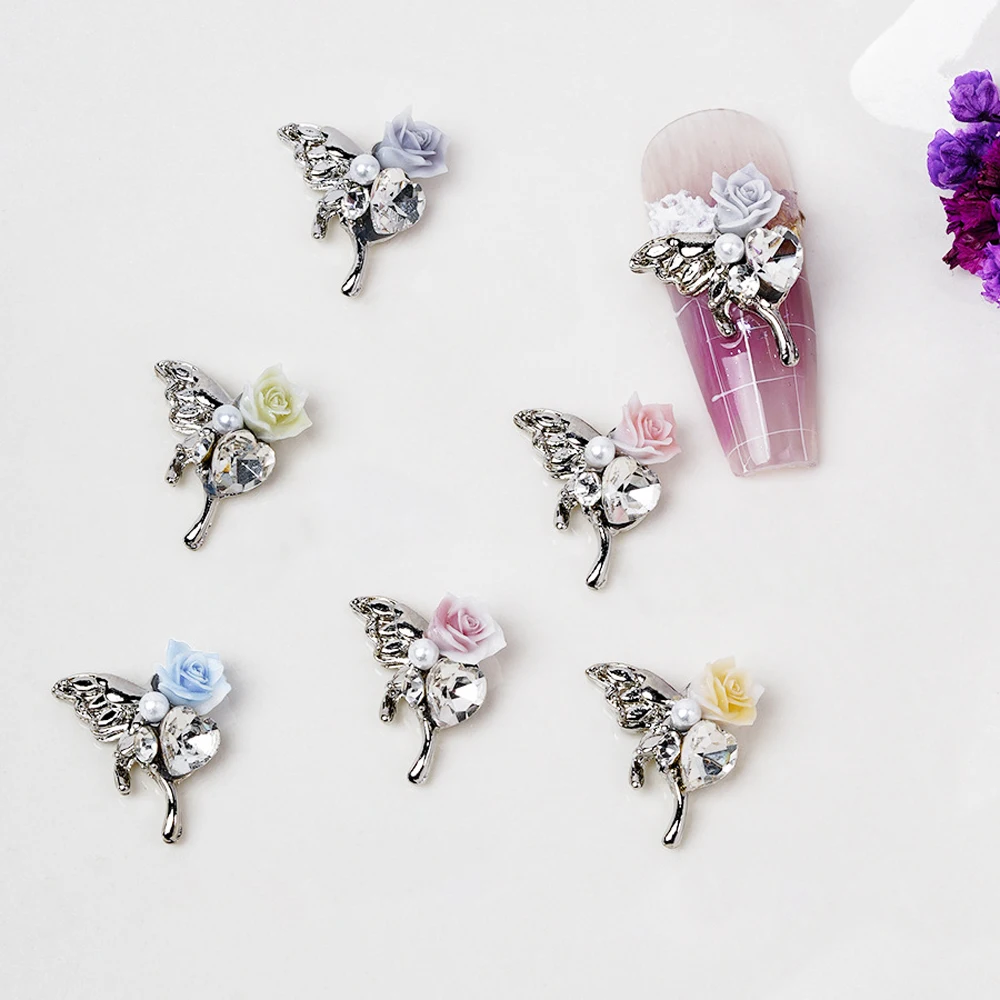 5Pcs Luxury Diamond Butterfly Wing Nail Art Charm Pearl Gradient Color Rose Butterfly Nail Ornament DIY Alloy Nail Accessorie