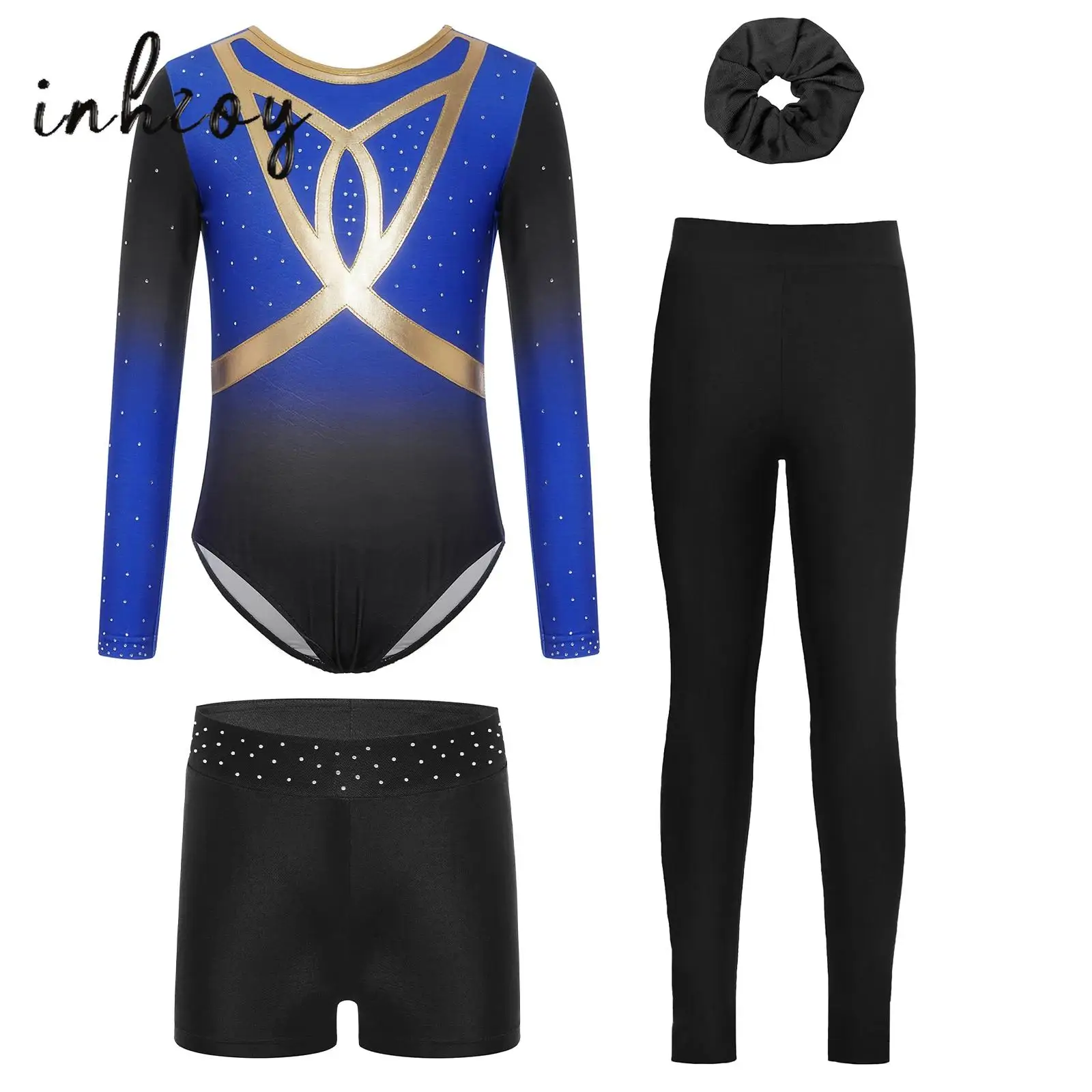 

4Pcs Kids Girls Gymnastics Figure Skating Dance Outfit Long Sleeve Shiny Rhinestones Gradient Color Leotard+Shorts+Hairband Set
