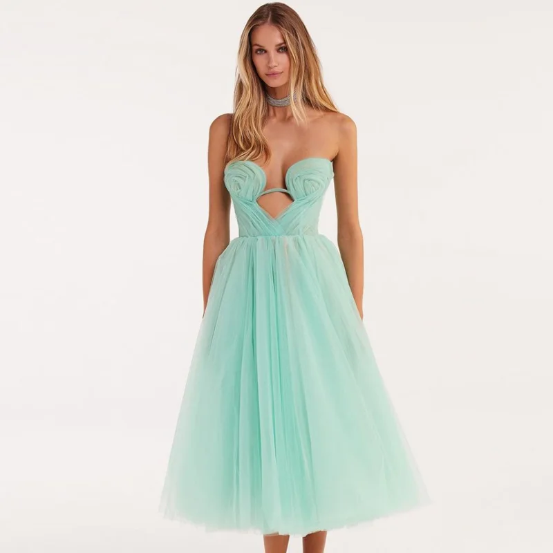 

Sweetheart Cyan Midi Tulle Dress A-line Tea-Length Prom Dress Cutout Strapless Blue Woman Clothes Custom Made Evening Dress