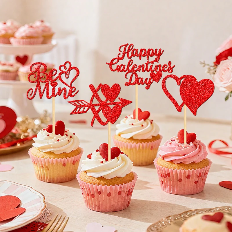 YOMDID 24 Stück Happy Galentine's Day Kuchendeckel, glitzernde Doppelherz-Cupcake-Picks für Galentine's Day, Hochzeit, Partyzubehör