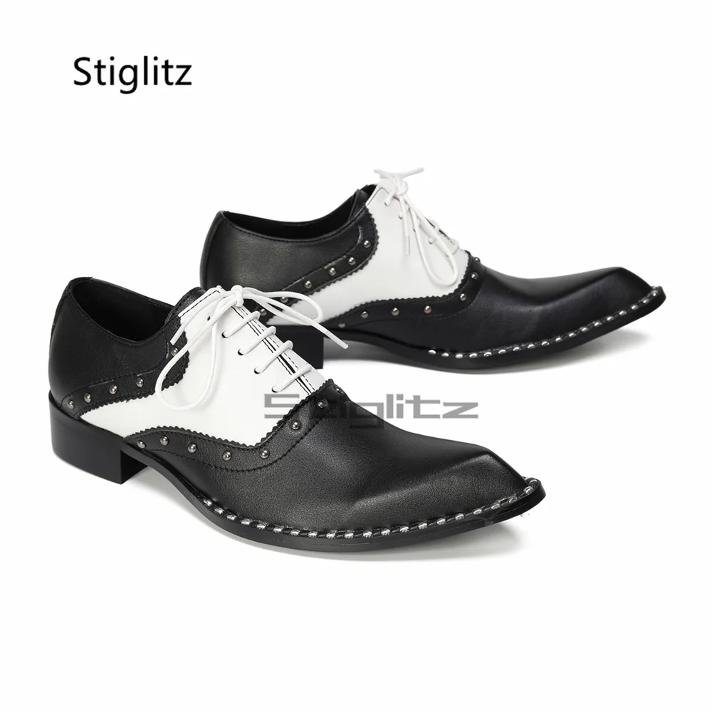 Black White Lace Up Rivets Leather Shoes for Men Cowhide Low Heel Mixed Colors Wedding Trendy Business Office Oxfords Shoes