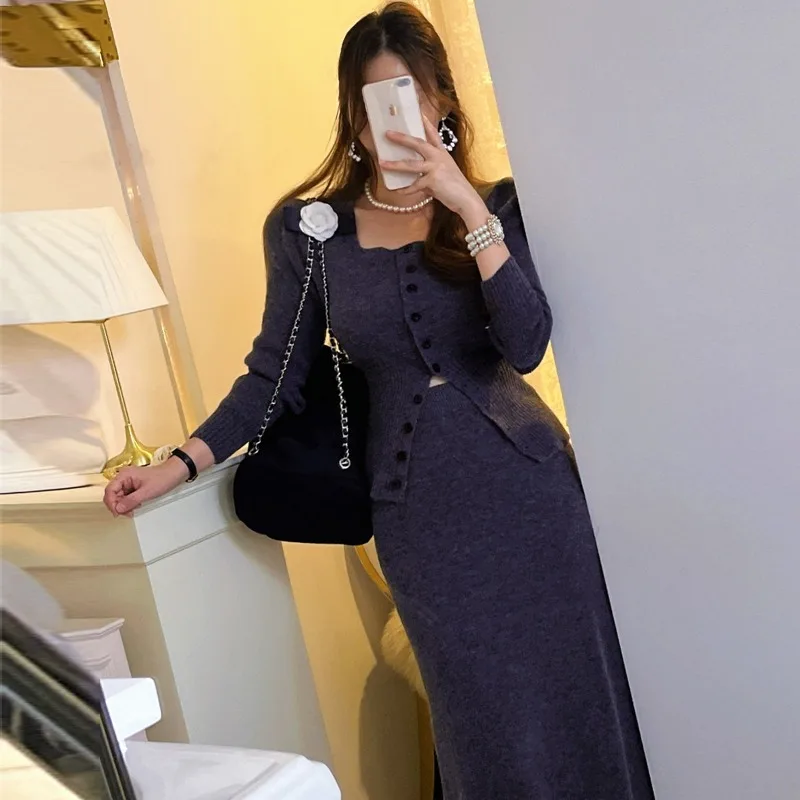 New Women's Two Piece Sets Korean Fashion Knitted Elegant Square Collar Puff Sleeve Slim Cardigan Sweater + Bodycon Skirt Suits