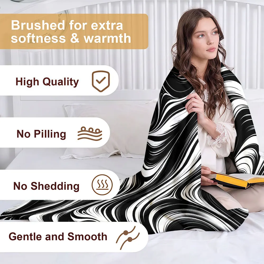 Black White Liquid Swirl Soft Warm Flannel Blanket Lightweight Cozy Christmas Halloween Home Decor Room
