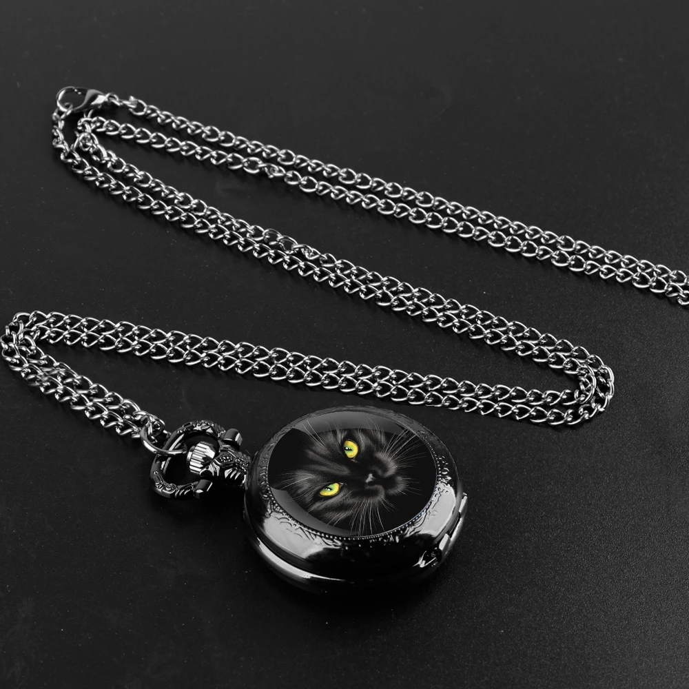 Black Cat Glass Dome Quartz Pocket Watch With Durable Chain Arabic Numeral Dial For Men And Women Creative Gifts