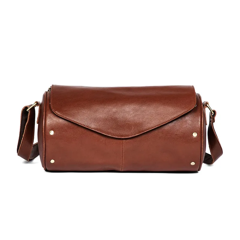 Genuine leather crossbody bag vegetable tanned cowhide men's bag casual vintage fashion round bucket bag single shoulder bag