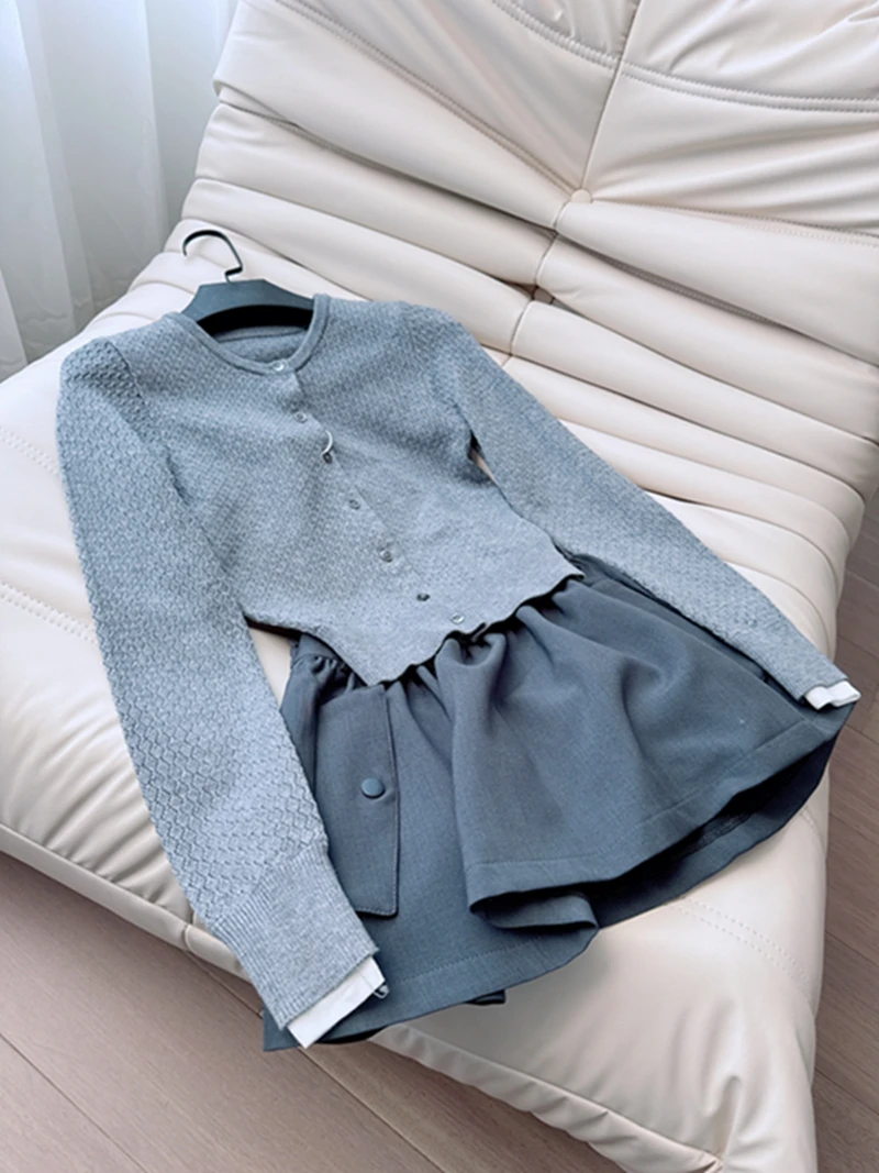 

Elegant High Waist Short Knitted Cardigan And Half Body Skirt Two Piece Set Spring Fashion Heavy Embroidery Color Block Long ...