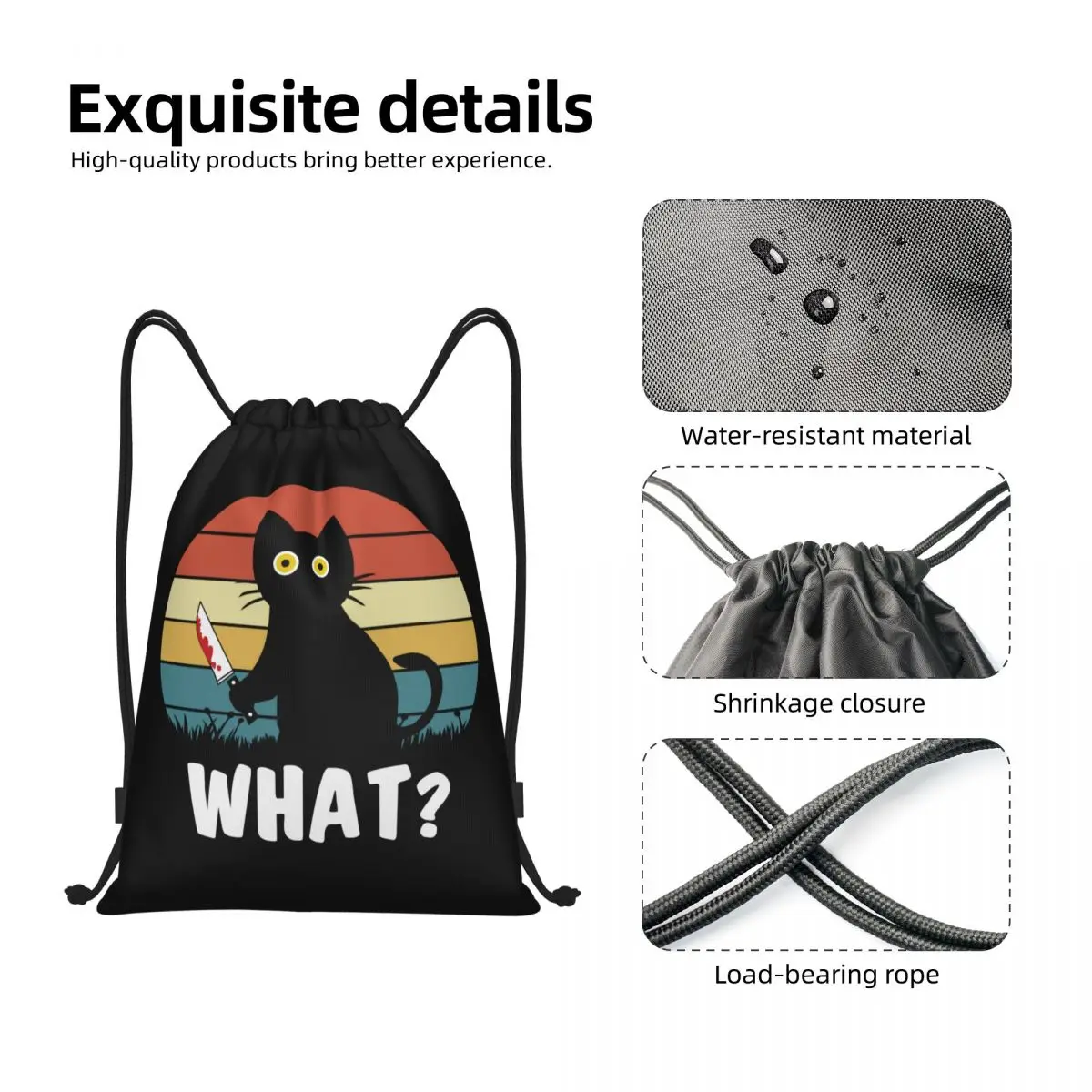 Custom Funny Black Cat What Drawstring Bag Lightweight Funny Murderous Cat Holding Knife Halloween Sports Gym Storage Backpack