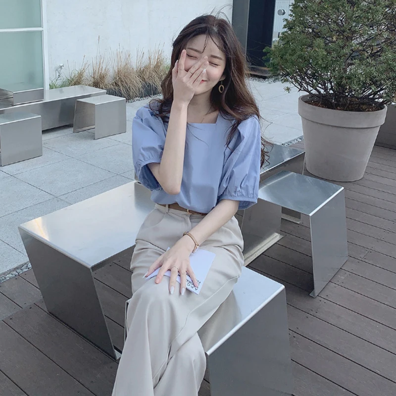 เสื้อคอเหลี่ยมทรงบับเบิ้ลเรียบง่ายทันสมัยสำหรับผู้หญิง ฤดูร้อน ลดอายุ สไตล์เกาหลี ผ้าคอตตอนผสม สี