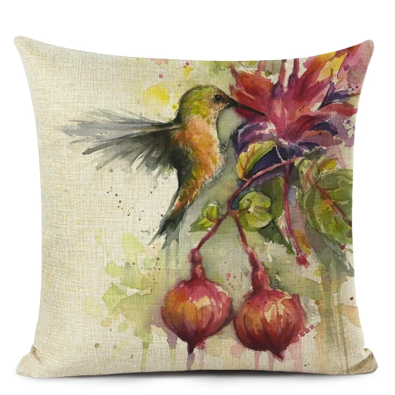 Watercolor Bird Print Cushion Cover Parrot Hummingbird Decorative Throw Pillow Case for Office,Home Sofa Decor