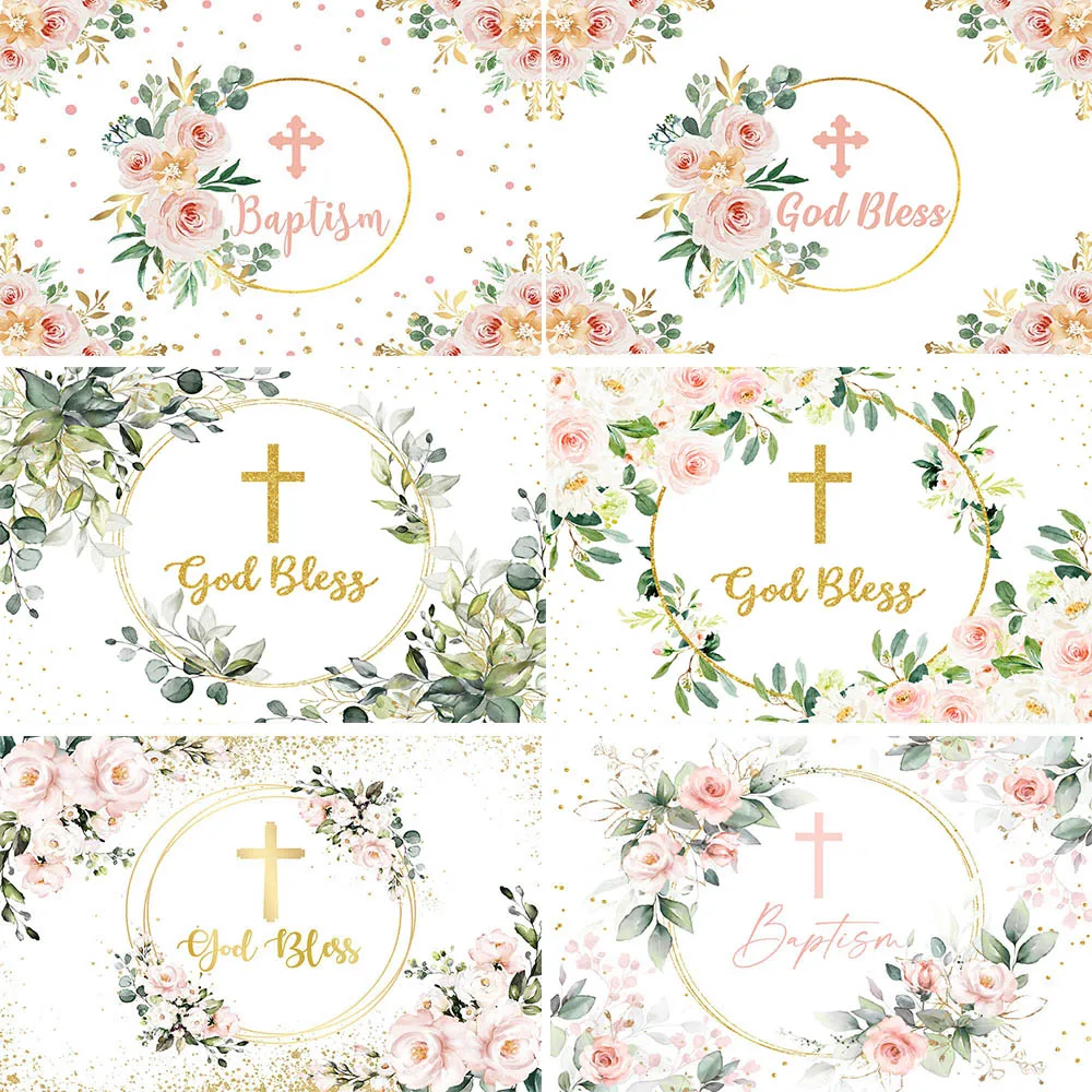 Mocsicka Cross God Bless Baby Baptism Backdrops My First Holy Communion Newborn Photography Baby Shower Photo Background Banner