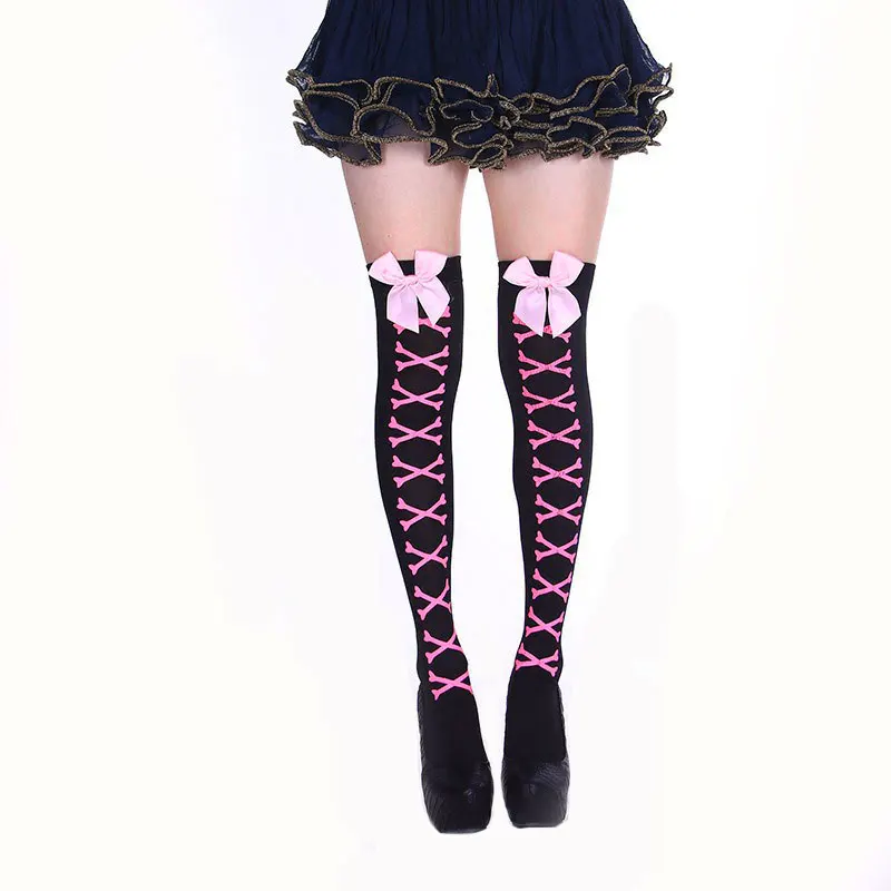 Sommer Hot Girl Knochen-Schleifensocken Streetwear Mädchen Schwarze Süße Niedliche Rosa Strümpfe 75cm Überkniestrümpfe