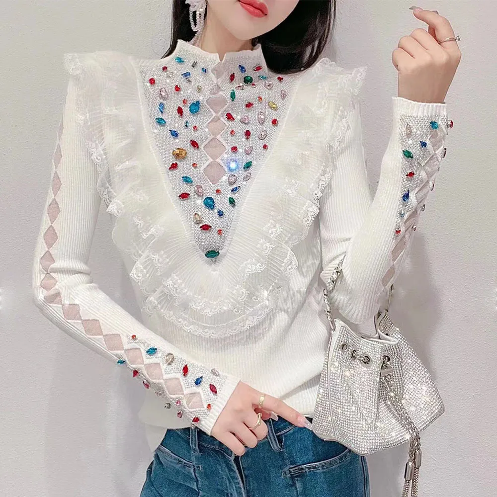 

Women Colorful Diamonds Beaded Knitted Bottoming Shirts Lace Ruffles Crystal Pullovers Rhinestones Sweater Jumpers Tops Sueter