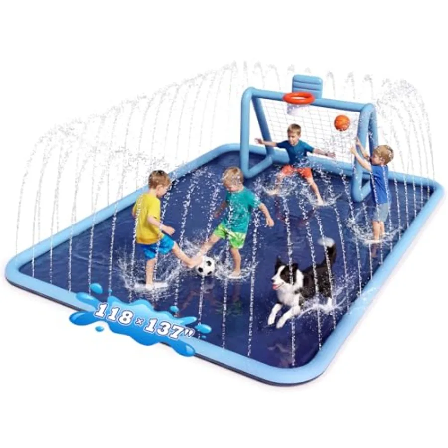 

Outdoor splash pad for kids: 3-in-1 sprinkler with soccer goal basketball hoop, 118x137 extra-large non-slip PVC water play mat