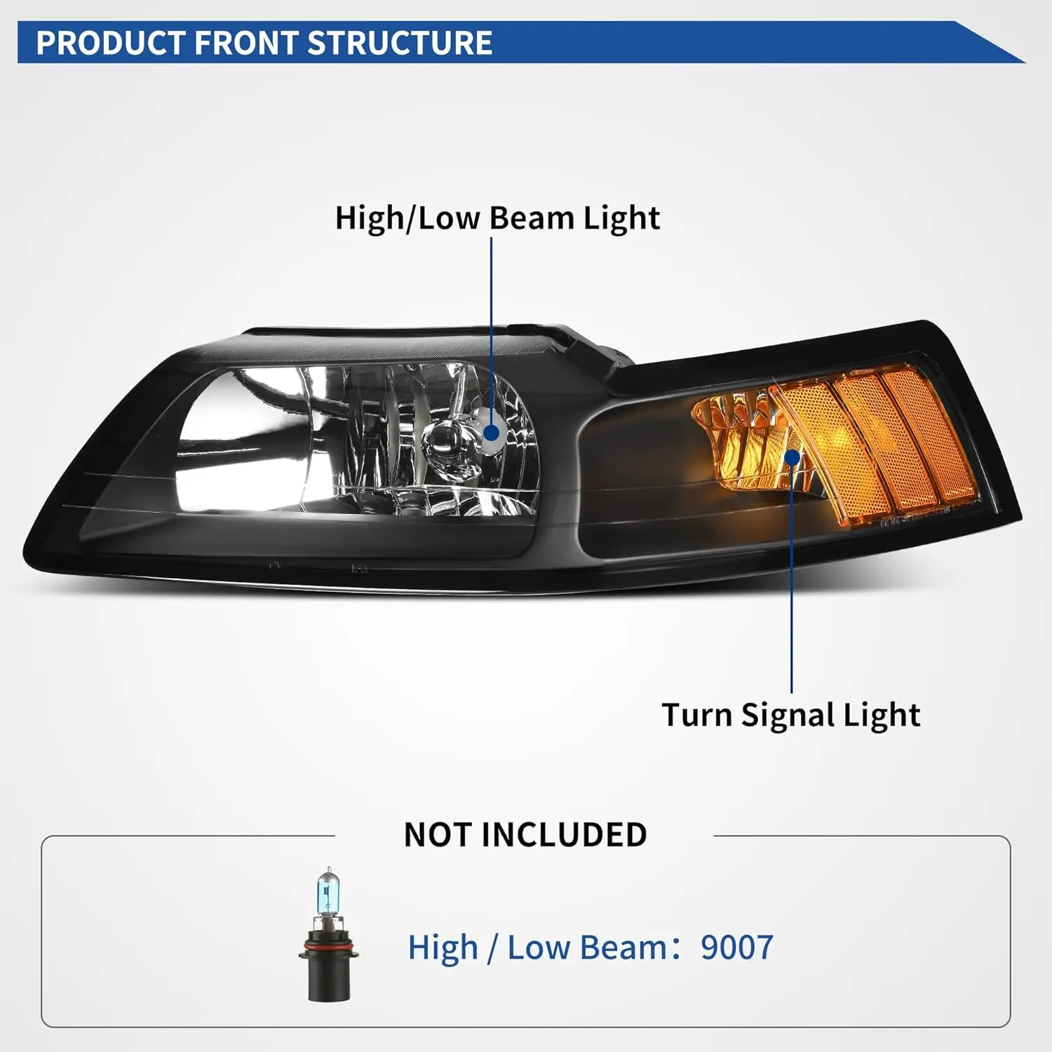 Headlight Assembly Compatible with 1999-2004 99 00 01 02 03 04 Ford Mustang, Headlamp with Amber Reflector, Black Housing Clear