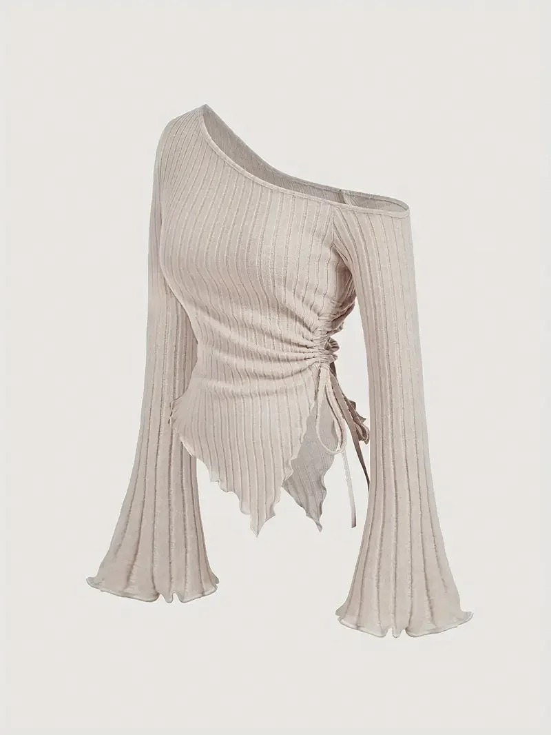 

Новая осенне-зимняя женская сексуальная тонкая футболка с открытыми плечами, модные асимметричные элегантные рождественские костюмы с расклешенными рукавами, топы